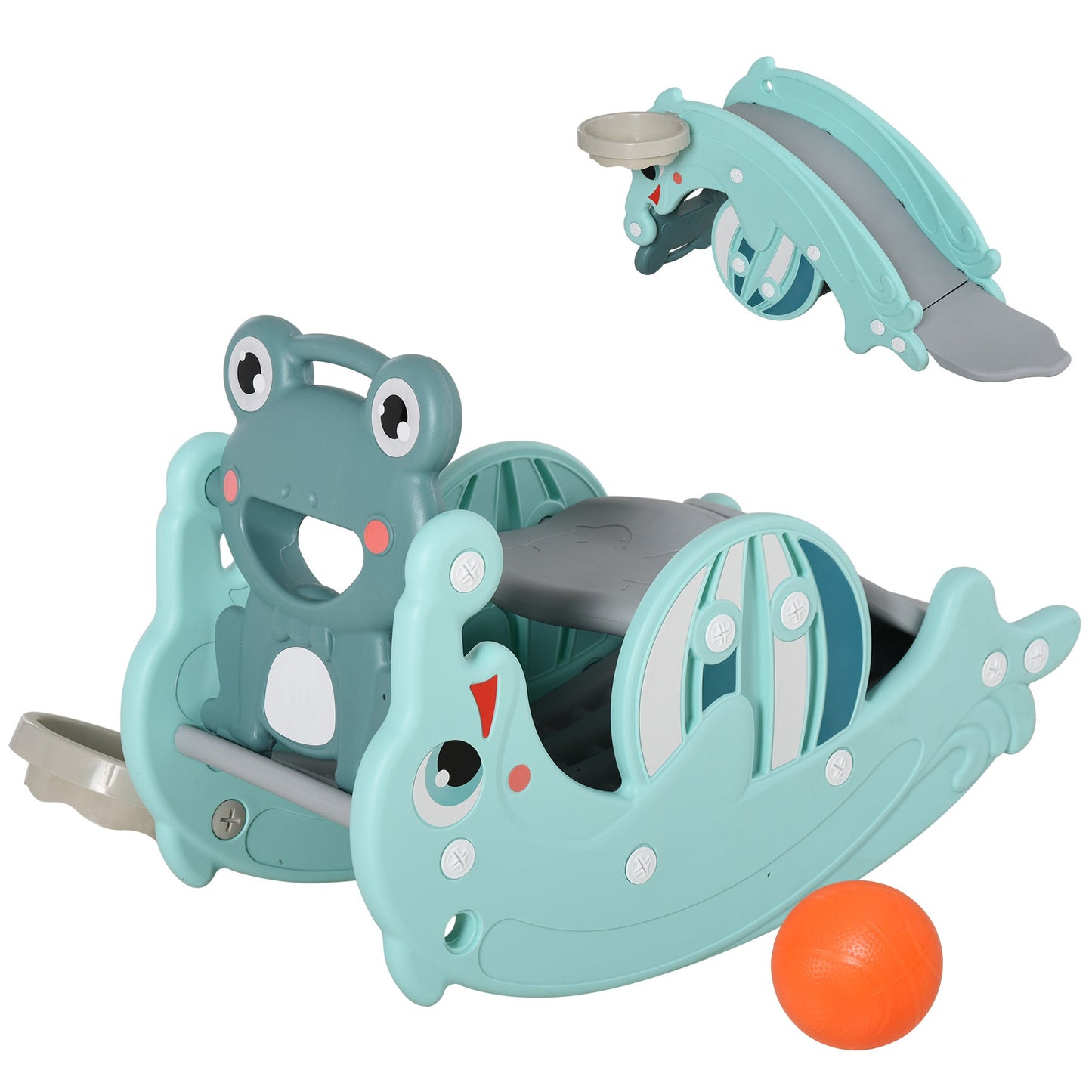 Rocking Horse 3-in-1 Slide for Kids and Basketball Hoop, Age 18-36 Months, for Home and Garden, Green