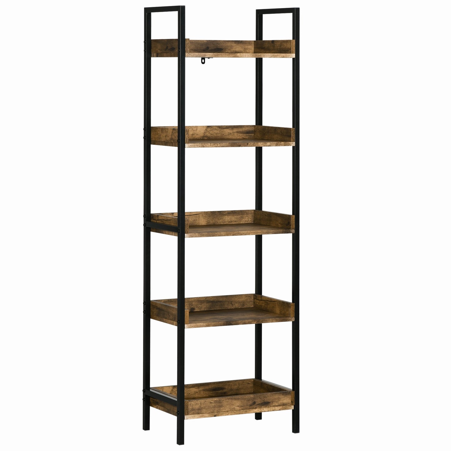 Industrial Style 5-Tier Wood and Metal Bookcase, 48x30x155cm, Rustic Brown