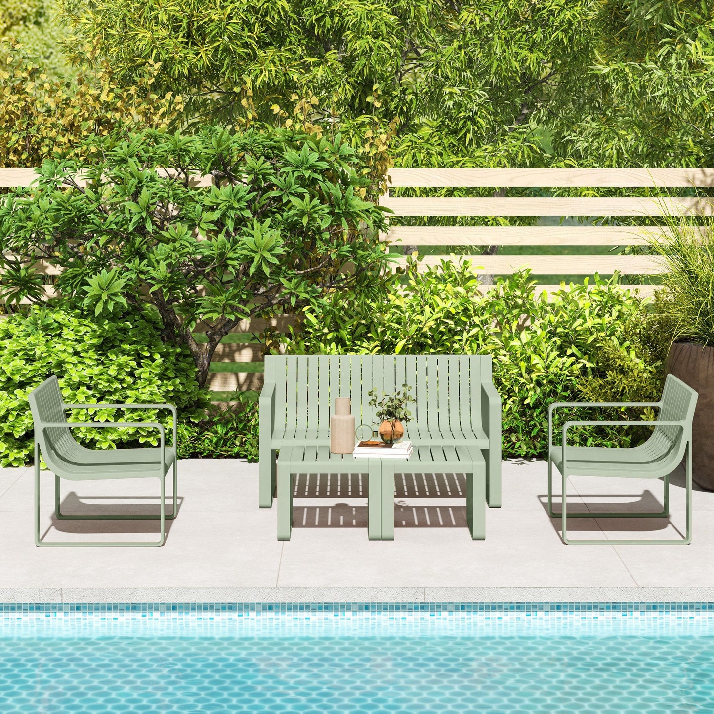 5 Piece Slatted Garden Set with Sofa, 2 Armchairs and 2 Coffee Tables in Green Polypropylene