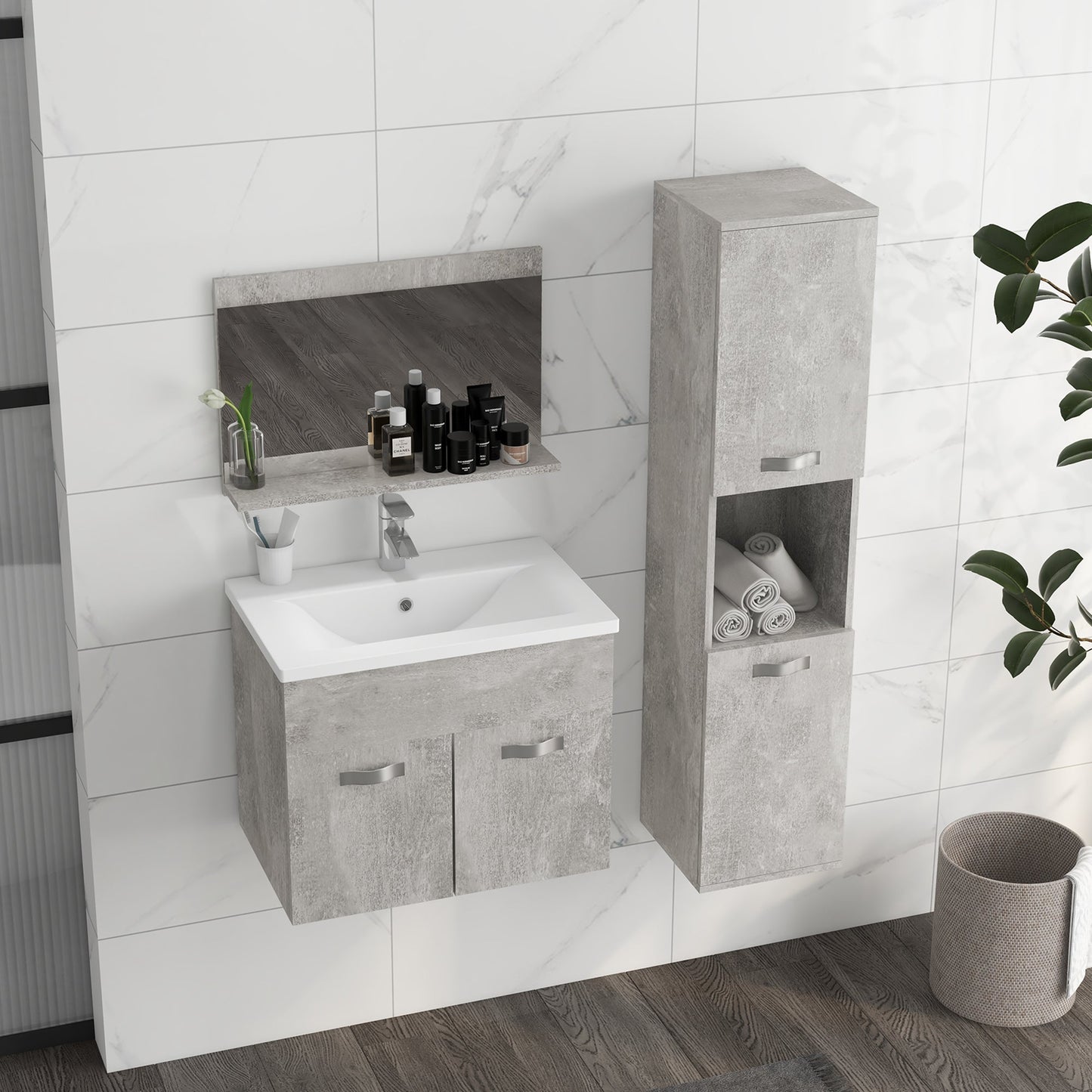 Grey 4 Piece Bathroom Furniture Set with 60cm Sink, Cabinet, Bathroom Column and Wooden Mirror, Grey