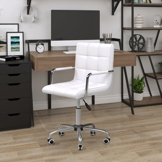 White PU Leather Office Chair with 5 Swivel Wheels, Padded and Adjustable Height, 52.5x54x84-99cm