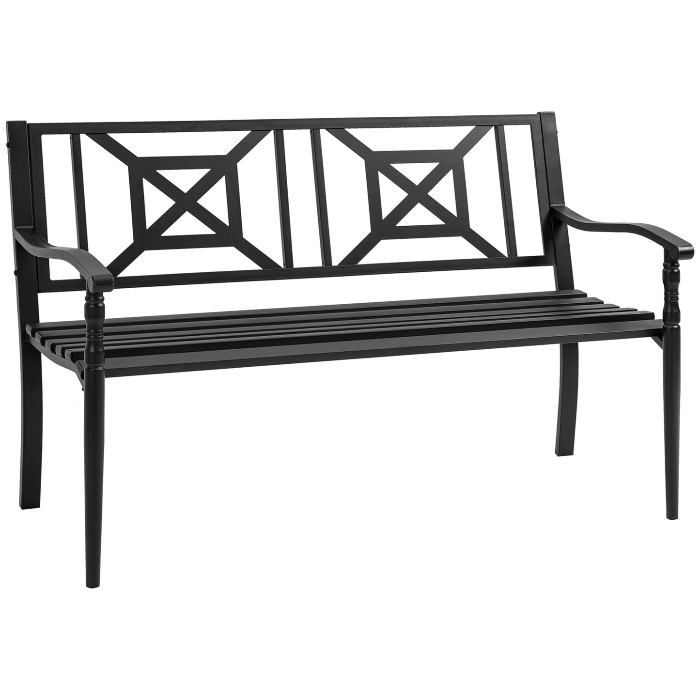 Black Steel Garden Bench for 2 Persons with High Backrest and Armrests, 128x62. 5x81. 5 cm