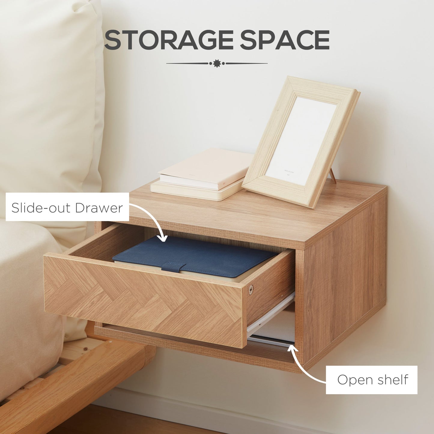 Set 2 modern bedside tables suspended with drawer and wooden shelf 37x32x21cm, natural color