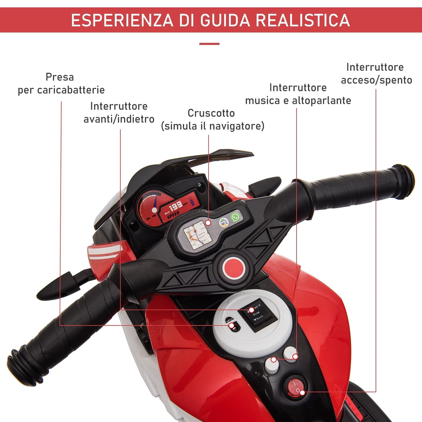 Electric Motorcycle for Children 3-5 Years Max. 25kg with Lights, Music, 6V Battery and 3km/h Speed, 86cm x 42cm x 52cm Red