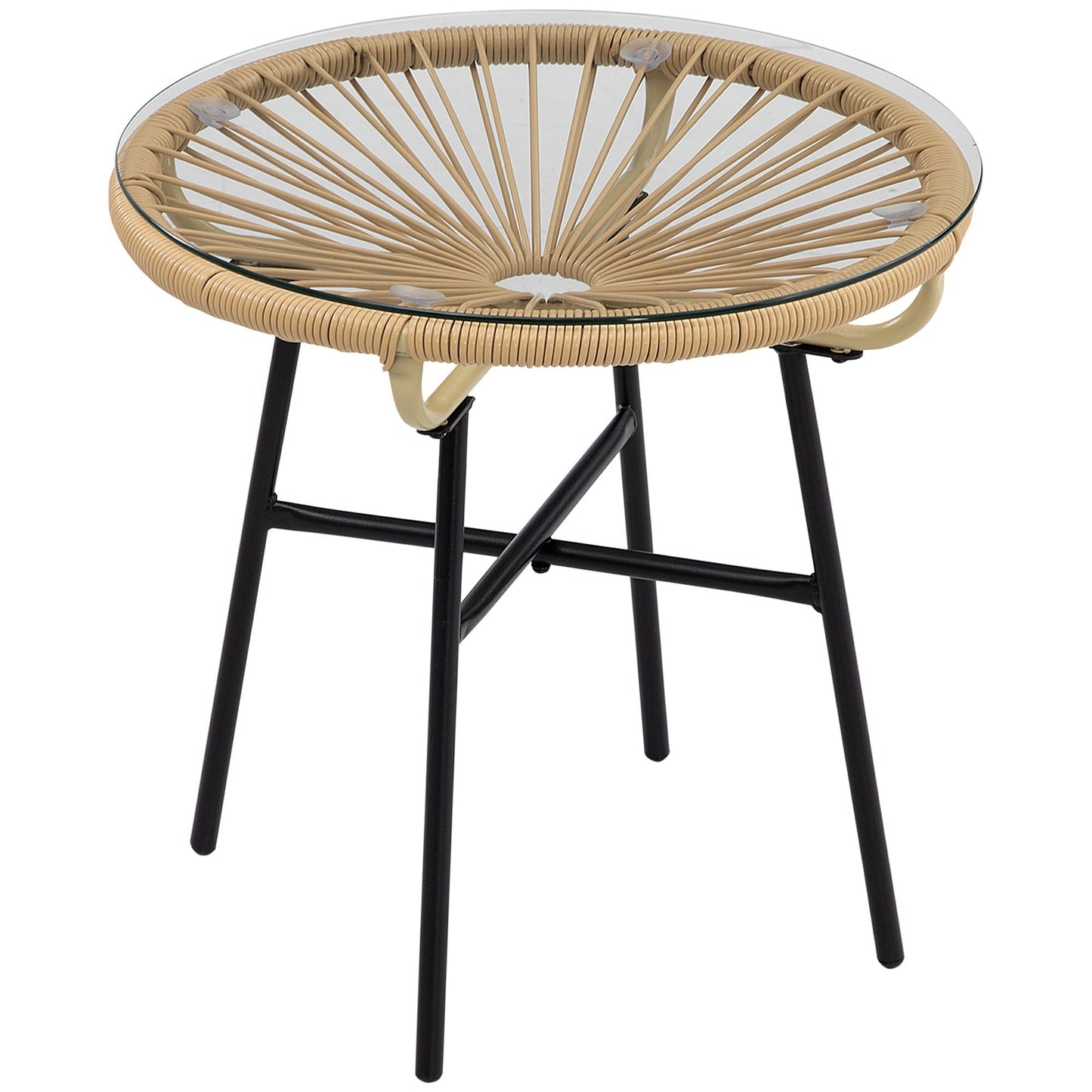 Round Garden Coffee Table Boho Style PE Rattan and Glass, Ø50x50cm, Beige