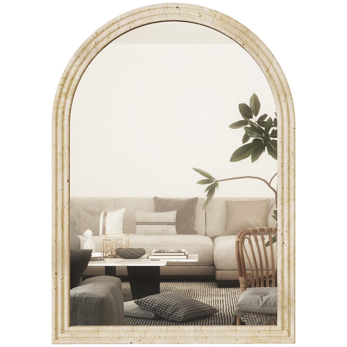 Arched Wall Mirror with Fluted Edge and Hooks, Glass and Polystyrene, 50x2x70 cm, Beige