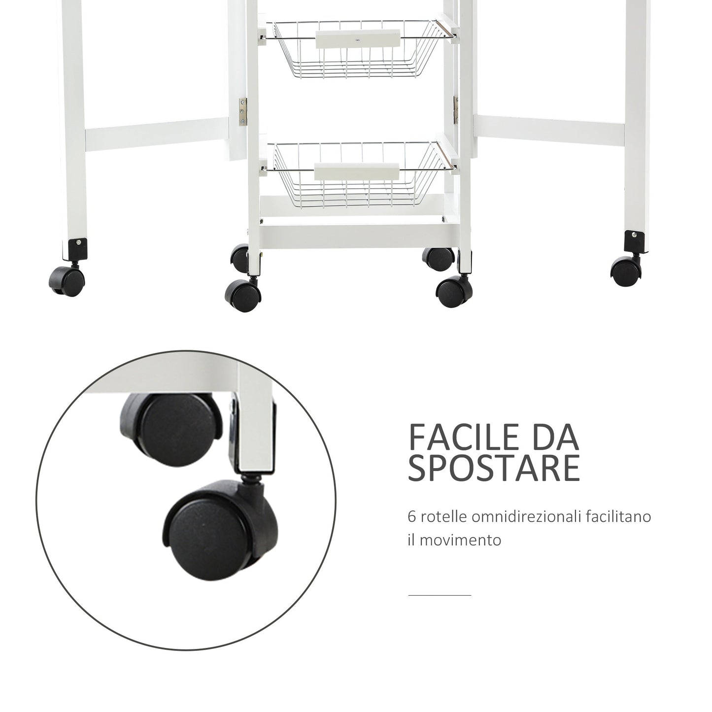Kitchen Trolley with 3 Baskets, Drawer and Flaps, 6 Swivel Wheels, in MDF and Metal, 37x37x77.5cm, White and Wood