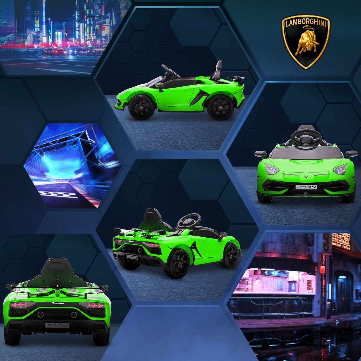 12V Electric Ride-On Toy Car for Kids with Lamborghini License, Horn and Remote Control, 107.5x63x42 cm, Green