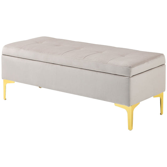 Bedside Storage Bench with Velvet Fabric and Golden Legs, 120x44x44.5cm, Light Grey