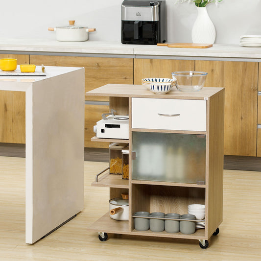 Kitchen Trolley Food Cart with Drawer, Shelves and Cabinet in Wood, Steel and Glass, 65x39x80cm