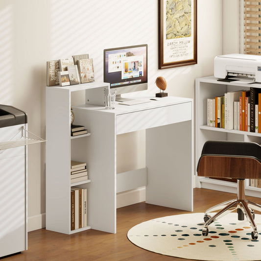 Modern PC Desk with 3 Open Shelves and Drawer, White Wood, 100x40x90 cm