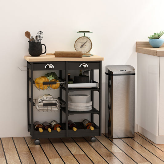 Multipurpose Kitchen Trolley Pine Wood 74 x 37 x 75cm Black