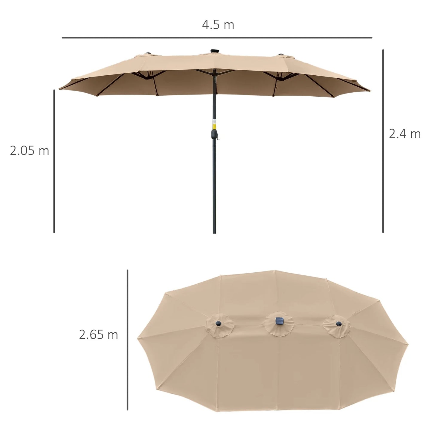 Large Solar‑Powered Double Garden Umbrella with 48 LED Lights – 4.5 m