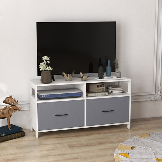 45" max TV Stand in MDF and Non-Woven Fabric with 2 Drawers and 2 Shelves, 100x30x53 cm, White and Grey