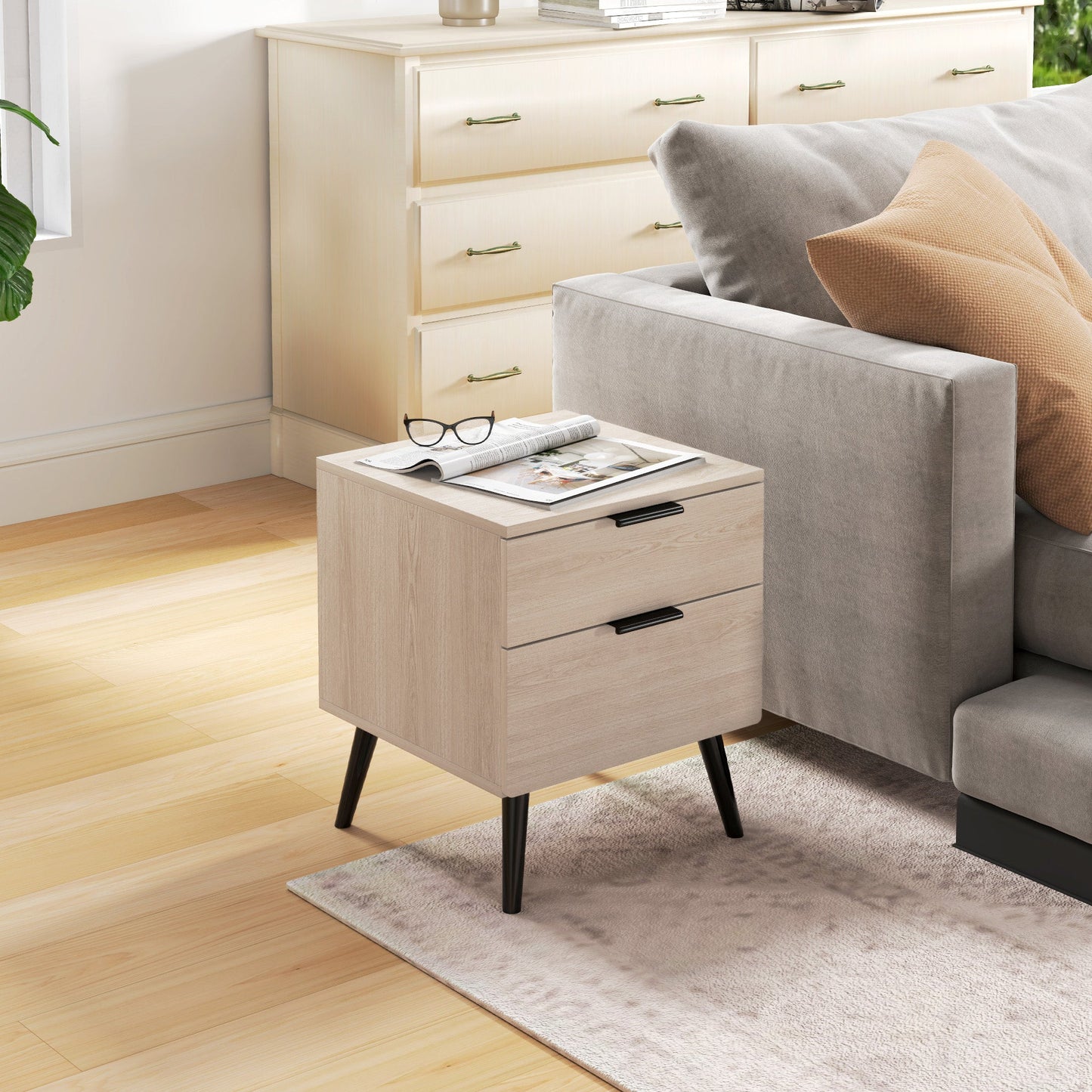 Set of 2 Nordic Style Bedside Tables with Drawer and Raised Base, Wooden, 40x40x50 cm, Oak Color