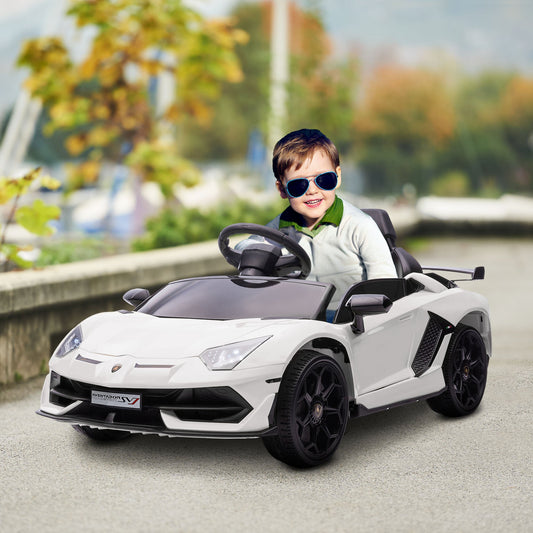 12V Electric Ride-On Toy Car for Kids with Lamborghini License, Horn and Remote Control, 107.5x63x42 cm, White
