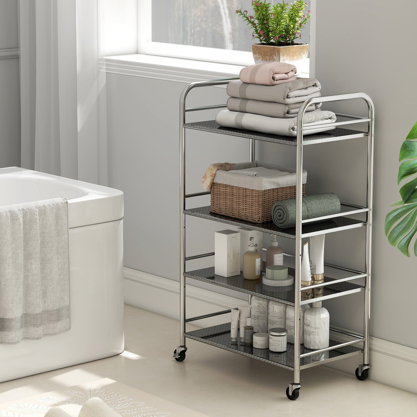 4-Tier Utility Cart with 2 Adjustable Shelves and Raised Edges, Stainless Steel, 60x35x100 cm