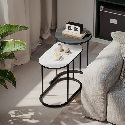 Set of 2 Stackable Coffee Tables with Metal Frame for Living Room and Office, Grey and White