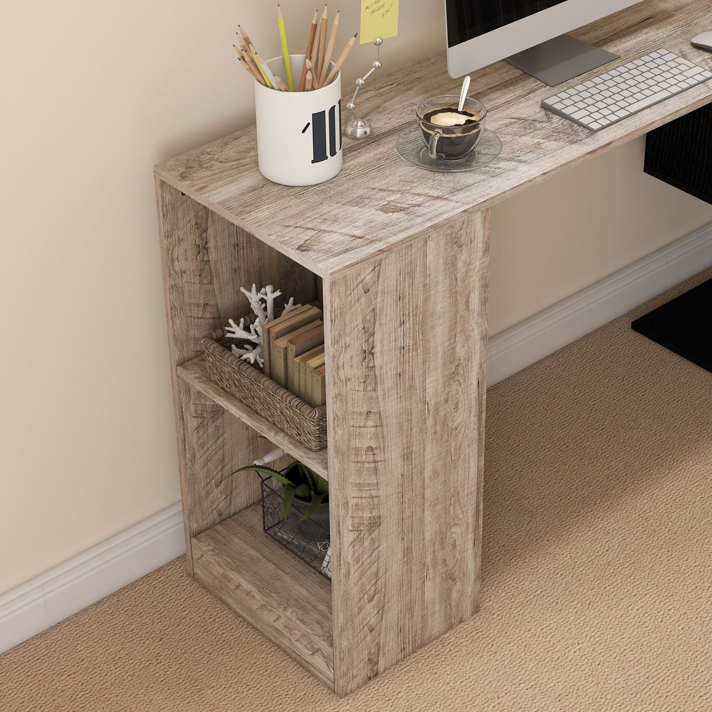 Space-Saving Corner Desk with S-Shaped Shelf, Wooden, 140x120x78 cm, Wood Effect Grey