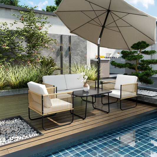 4 Piece Rattan and Steel Garden Set with Sofa, 2 Outdoor Armchairs and Low Table, Multicolor