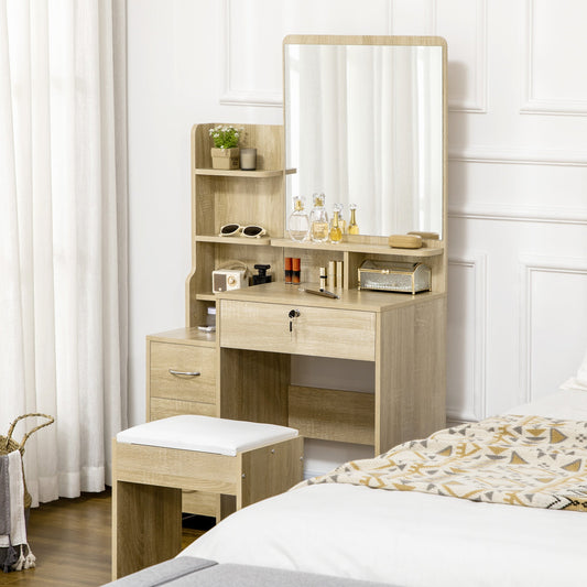 Dressing Table with Mirror, Dressing Table, Stool, 4 Drawers and 4 Shelves, Wood Color