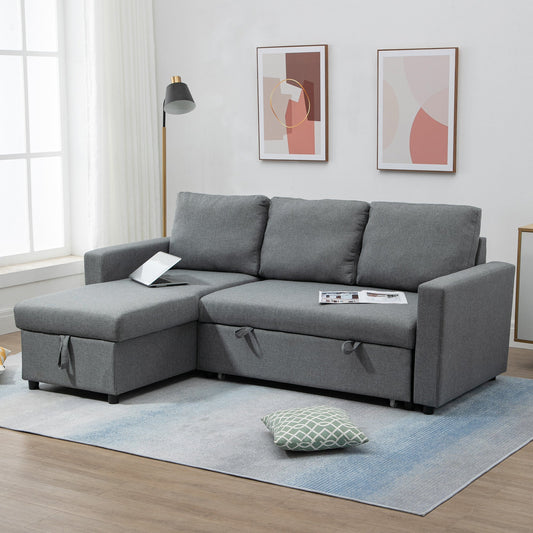 sofa bed 3 seats and peninsula with container, linen effect fabric covering, 211.5x146x85cm