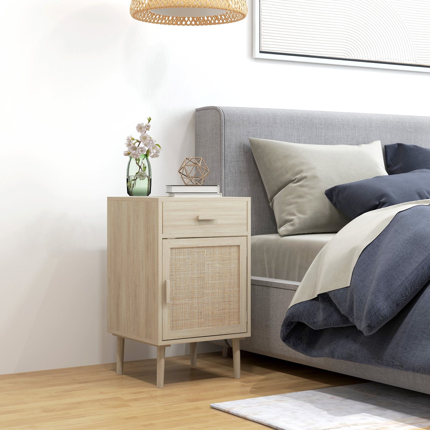 Set of 2 Bedside Tables for Bedroom with Drawer and Door in Boho Style Rattan, Wood Colour