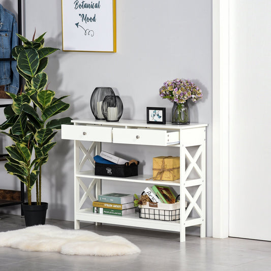 Console Table with 2 Drawers and 2 Shelves, Entrance and Living Room Furniture in MDF, 100x30.5x80cm, White