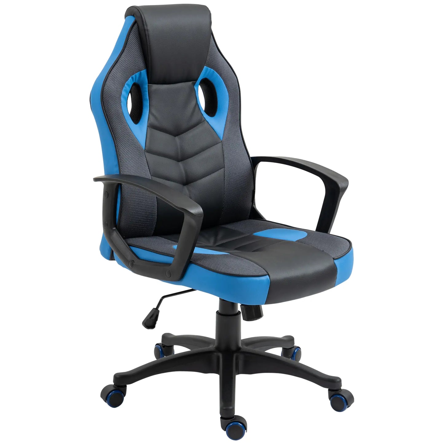 Ergonomic Gaming Chair, Swivel Office Chair with Wheels in Black and Blue PU Leather, Adjustable Height