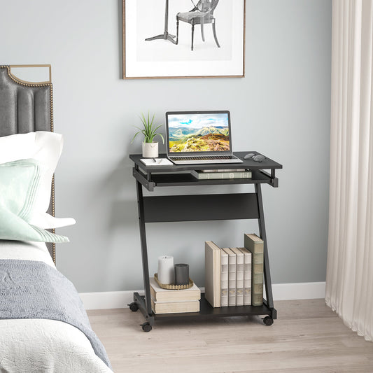 Classic Space-Saving Computer Desk, Kids Bedroom Desk with Retractable Keyboard Tray, 4 Wheels and Lower Shelf, Black 60x48x73cm
