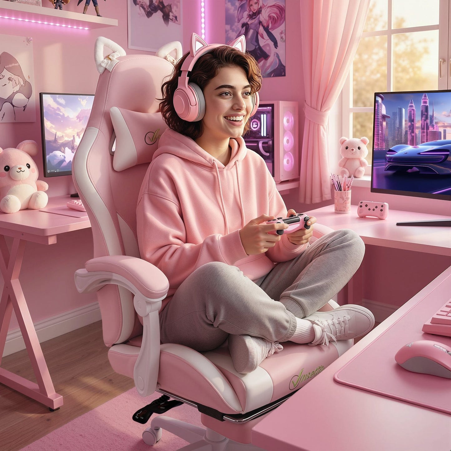 Gaming Chair Ergonomic Reclining Gaming Chair with Footrest Pink