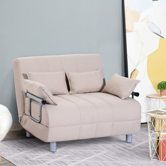 3 in 1, 2 Seater Sofa Bed Convertible to Recliner with Adjustable Backrest and 4 Padded Cushions, 102x82x81 cm, Beige