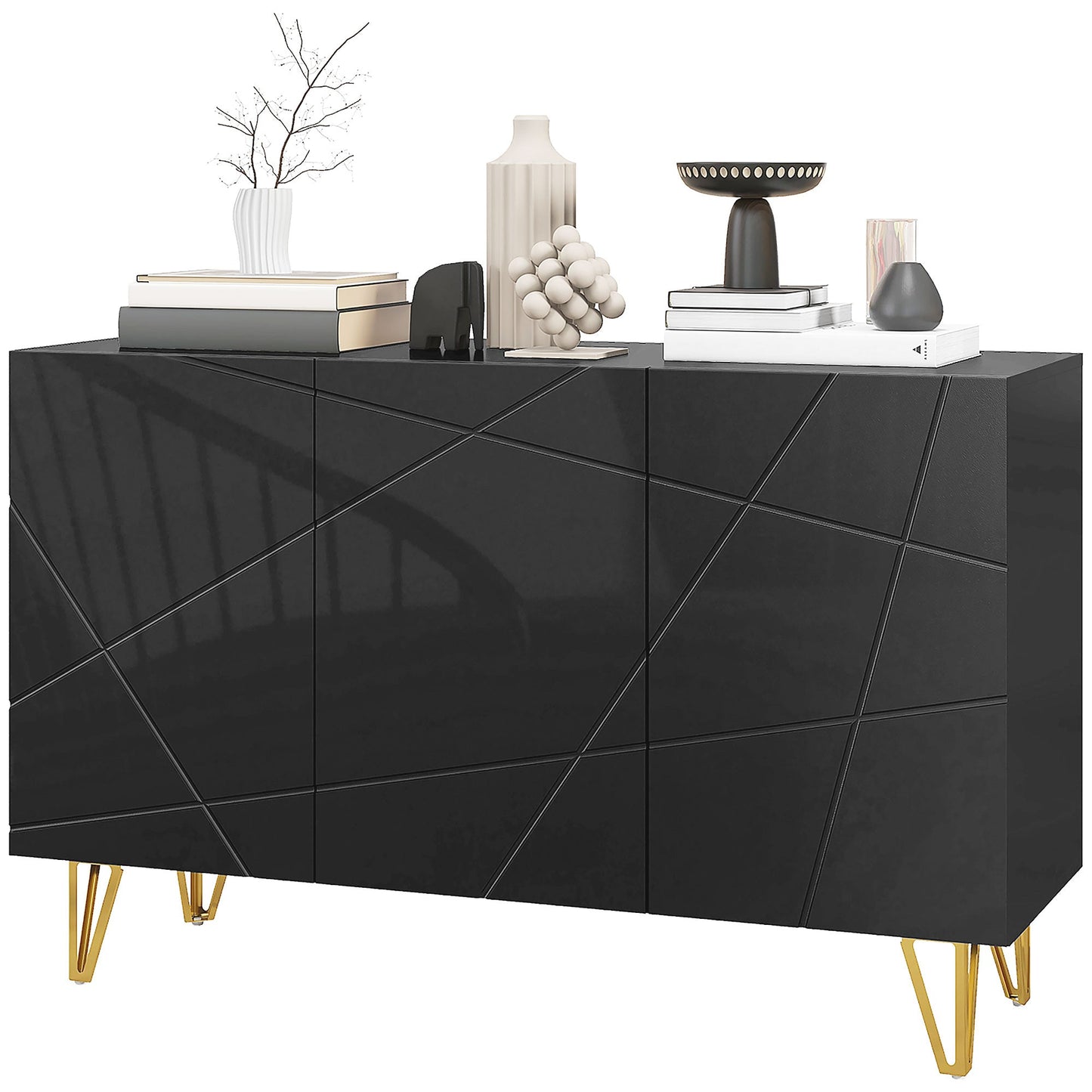 Storage Unit with 2 Cabinets and Adjustable Shelf, in Chipboard and Metal, 120x40x75 cm, Black and Gold
