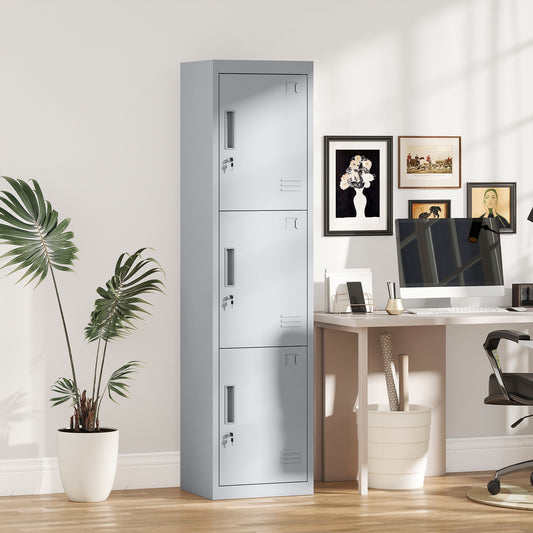 3-Door Steel Office Cabinet with Lock and 2 Keys, 45x38x180cm, Light Grey