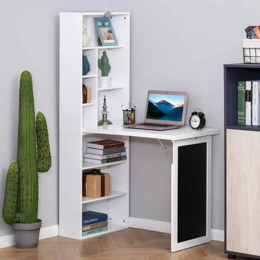 Folding PC Desk with 9-Tier Bookcase in Wood and Metal, 98x51x153 cm, White