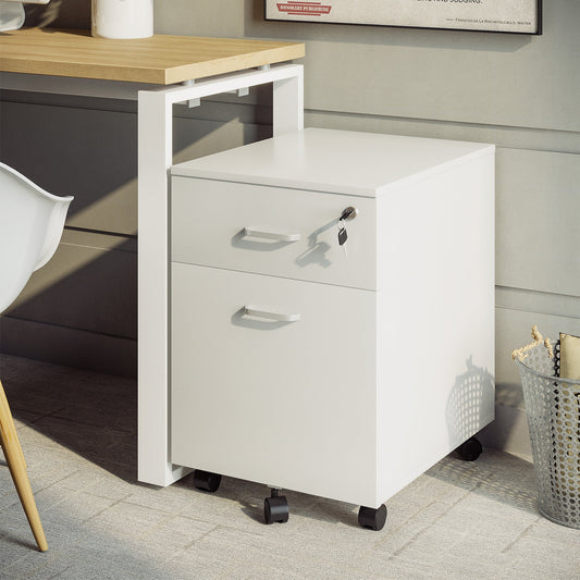 2 Drawer Office Chest with Lock and 5 Wheels, Chipboard, 40x49x58 cm, White