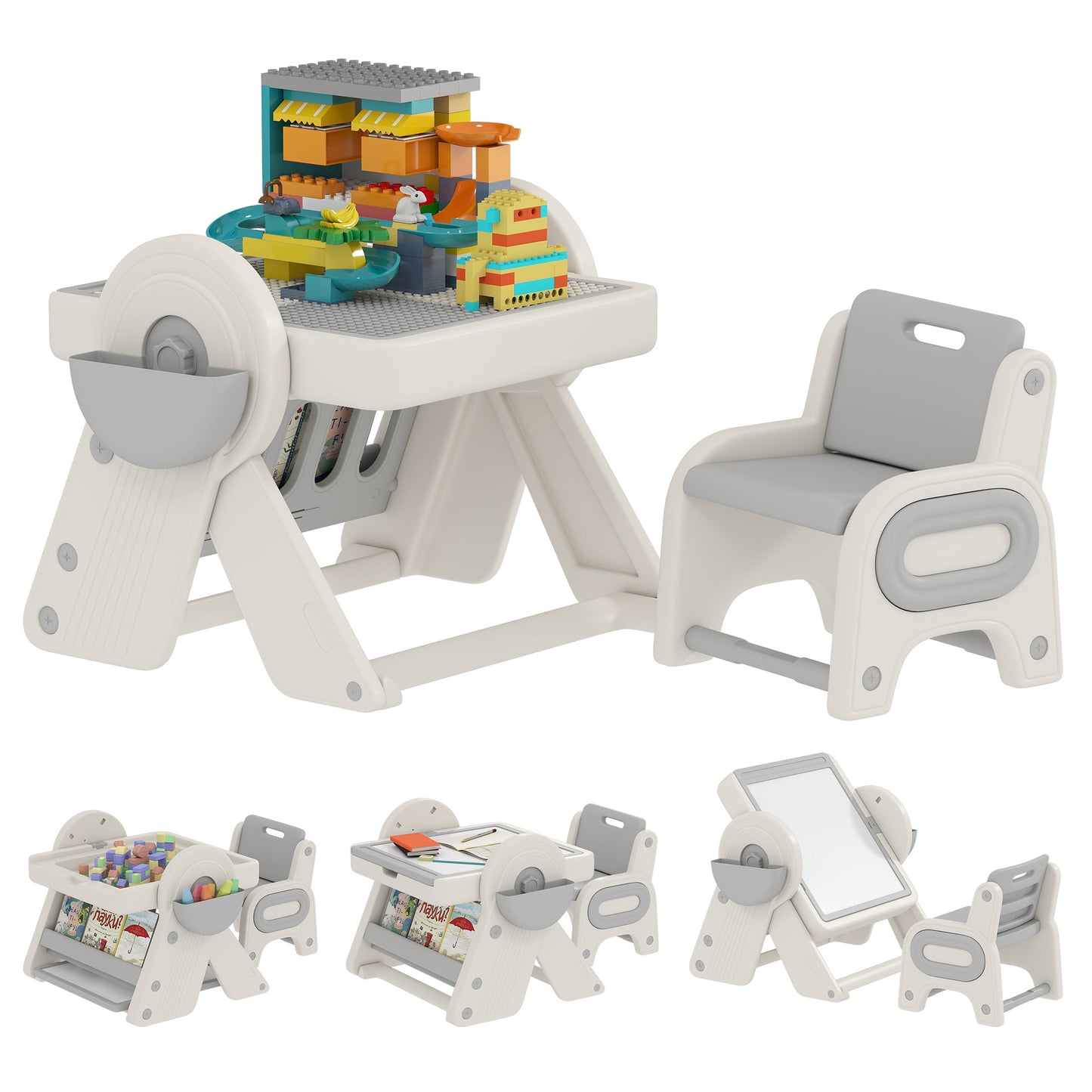 Multipurpose Children's Table with Storage Shelf and Drawers, in HDPE and PP, Grey and White