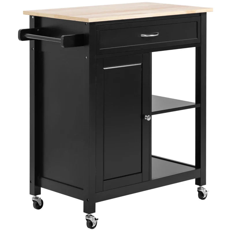 Wooden Kitchen Cart with Drawer, Cabinet and Wheels, 83x45x88cm, Black