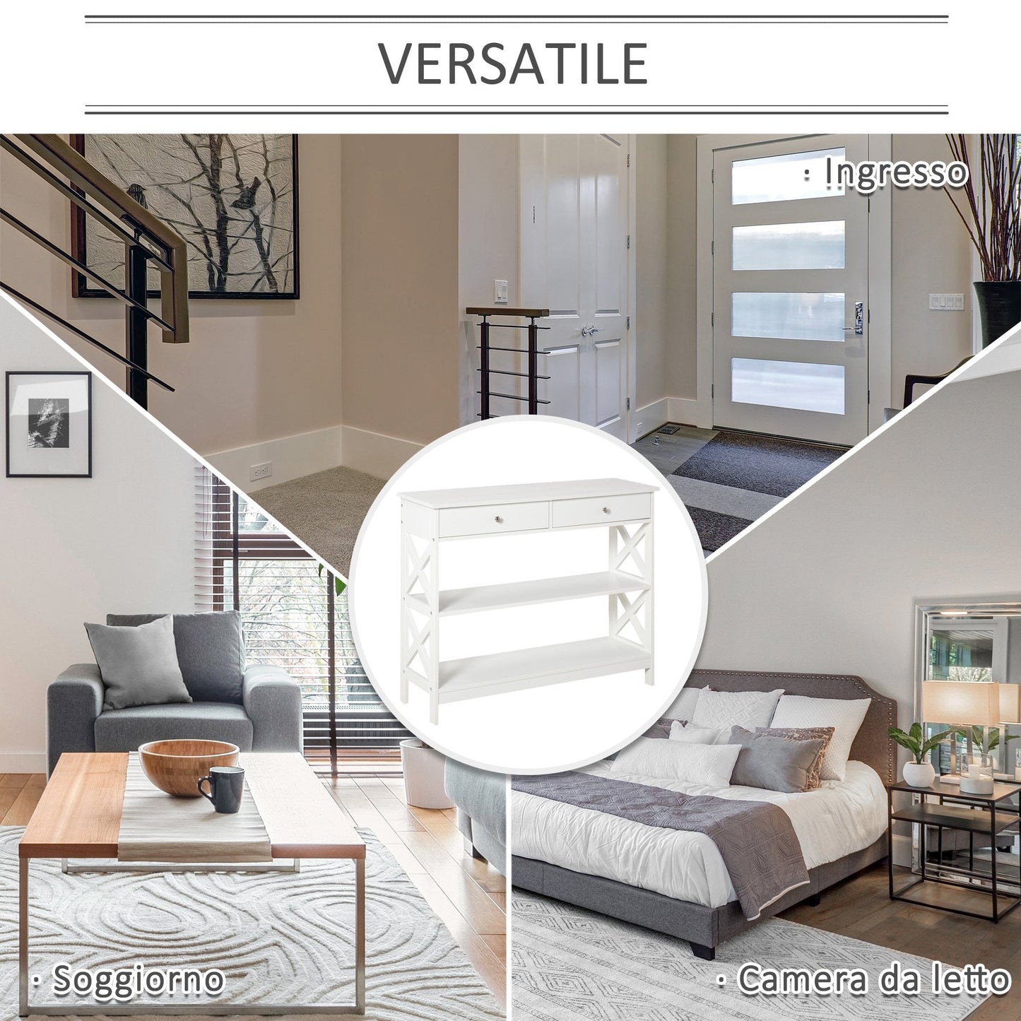 Console Table with 2 Drawers and 2 Shelves, Entrance and Living Room Furniture in MDF, 100x30.5x80cm, White