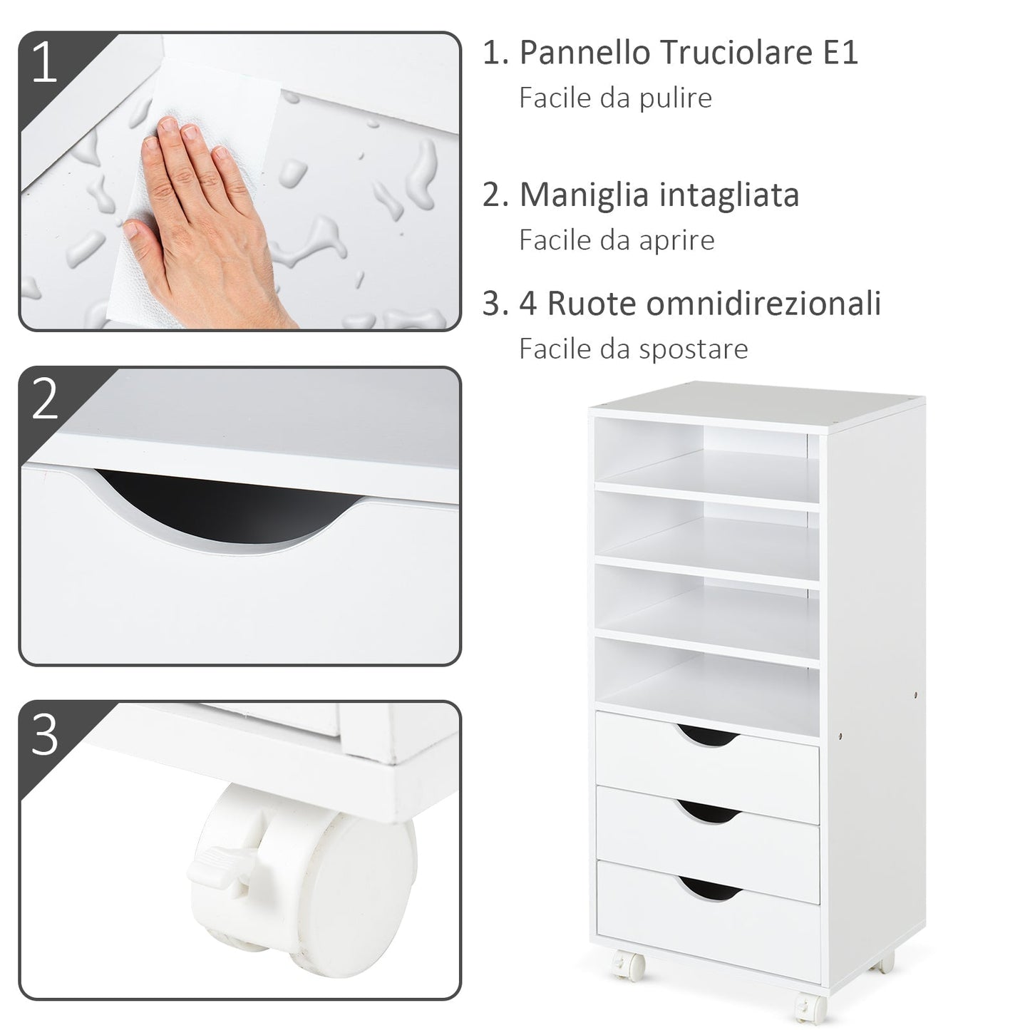 Office Drawer Unit with 4 Wheels 4 Shelves 3 Drawers, MDF Wood Document Cabinet, 38x40x86.8 cm, White