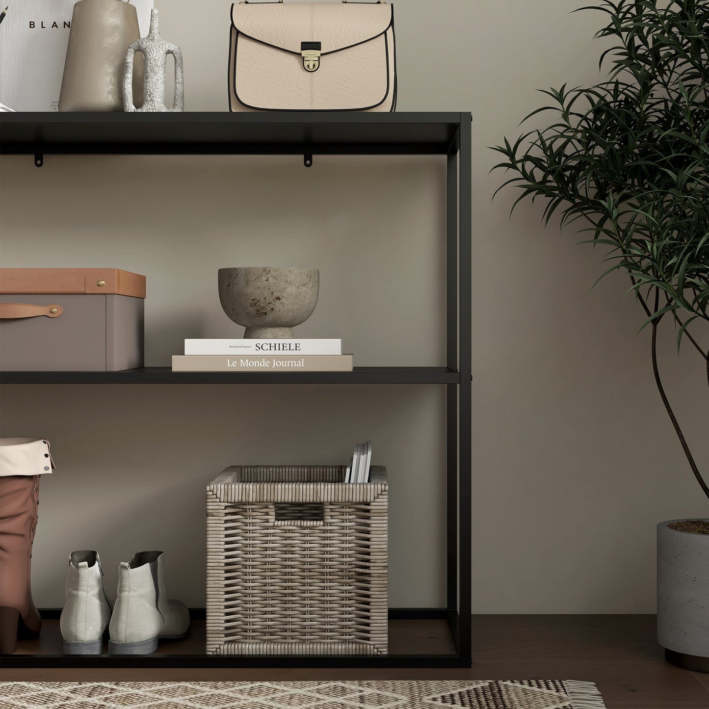 Modern 2-Tier Steel Entryway Console Table, 90x30x75cm, Black