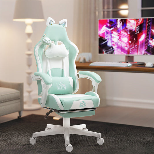 Reclining Gaming Chair with Footrest and Cushions, Faux Leather and Sponge, 65x62x116-124 cm, White and Blue