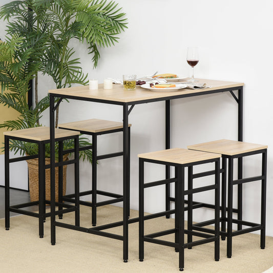 Industrial Style High Table Set with 4 Stools in Metal and Wood, Light Oak
