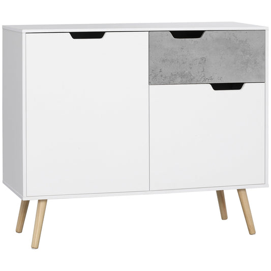 Living Room Cabinet with 2 Doors and Drawer in Chipboard and Pine, 98x39x81.5 cm, Grey and White