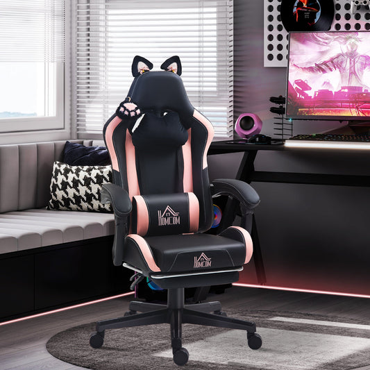 Reclining Gaming Chair with Footrest and Cushions, Faux Leather and Sponge, 65x62x116-124 cm, Pink and Black