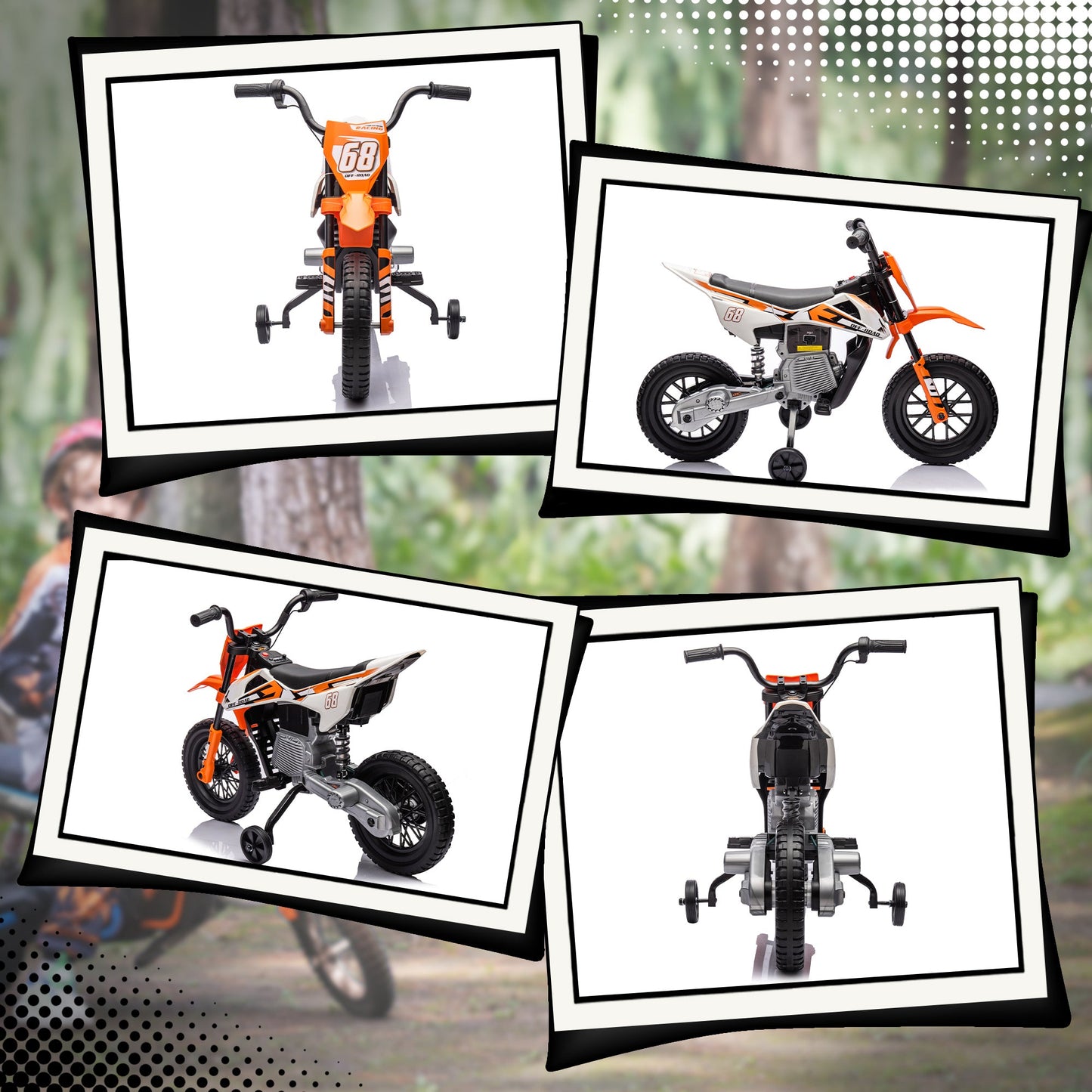Electric Motorcycle for Kids with Removable Training Wheels, Suspension, Sounds and Charge Indicator, Orange