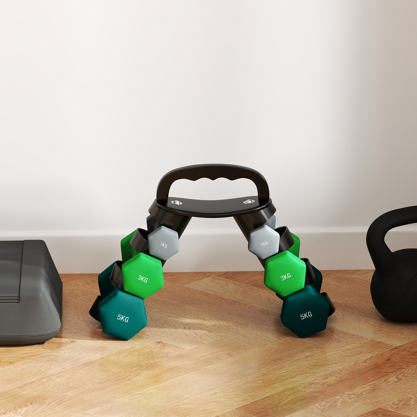 Dumbbell Set with Stand, 3 Pairs of Weights: 2 x 1 kg, 2 x 3 kg, 2 x 5 kg, Multicolored