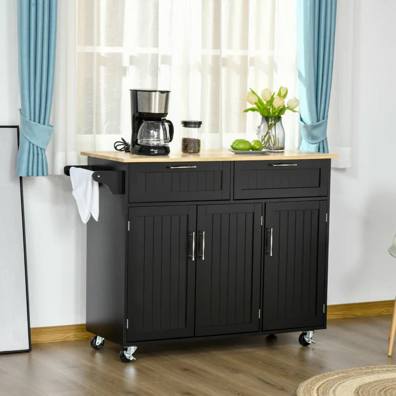 VERA | Wooden Kitchen Trolley with 2 Drawers, 3 Door Cabinet and 4 Wheels, 121x46x91cm, Black