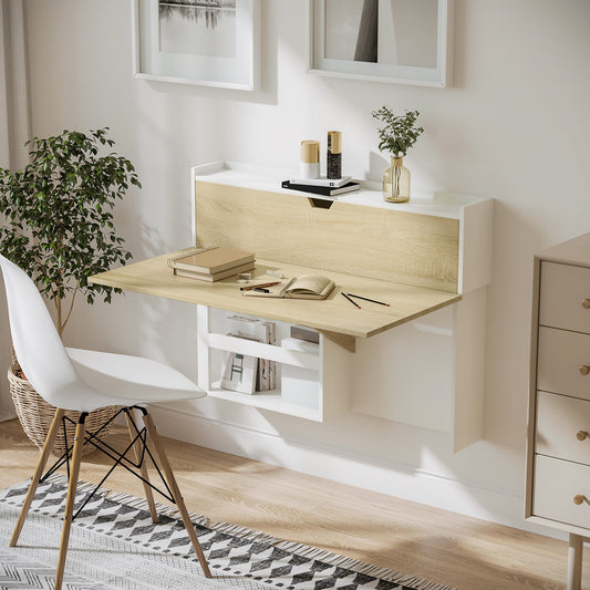 Folding Wall Mounted Desk Space Saving with Shelves for Home and Office, Chipboard, 100x18x74 cm