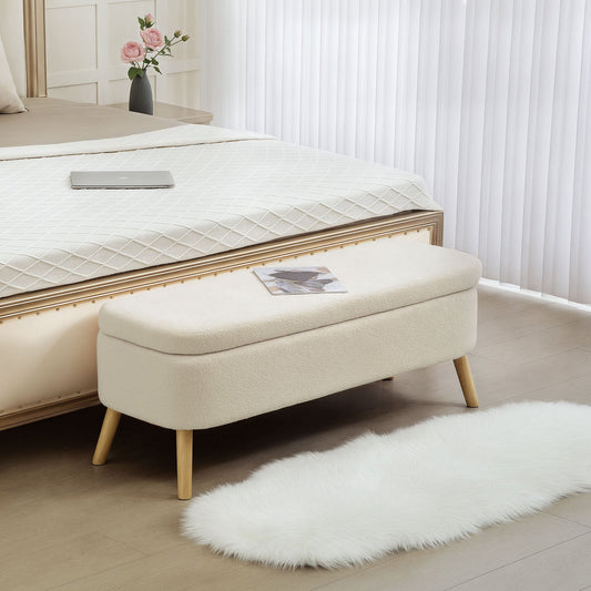 65L Storage Bench in Teddy Fabric and Wooden Legs, 120x42x45 cm, Beige